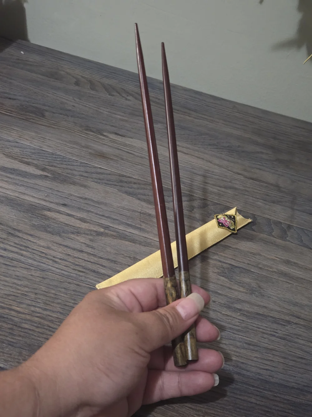 Korean Wooden Chopsticks Set Of 4 w/ Satin Sleeves - Gold & Orange